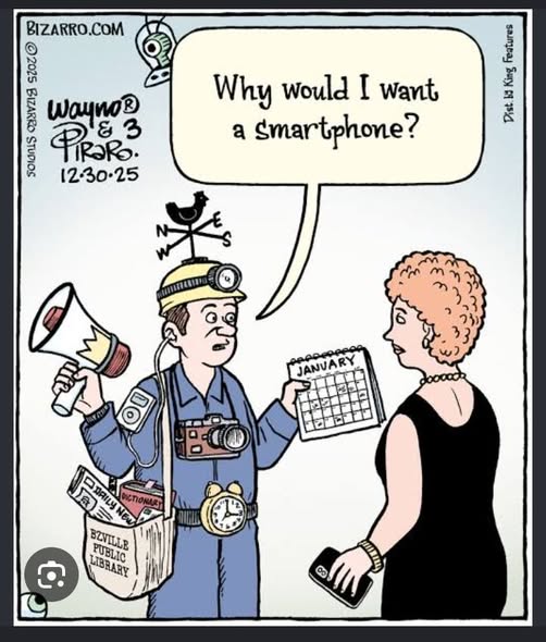 A man wearing various old-fashioned gadgets on his body and holding a calendar, talking to a woman holding a smartphone.