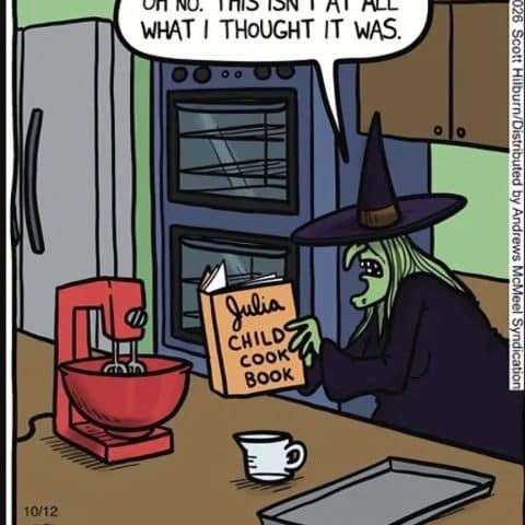 A green-skinned witch with a black hat and robe reads a Julia Child cookbook in a kitchen, saying 'Oh no. This isn't at all what I thought it was.' Kitchen appliances like an oven, mixer, cup, and baking tray are visible.