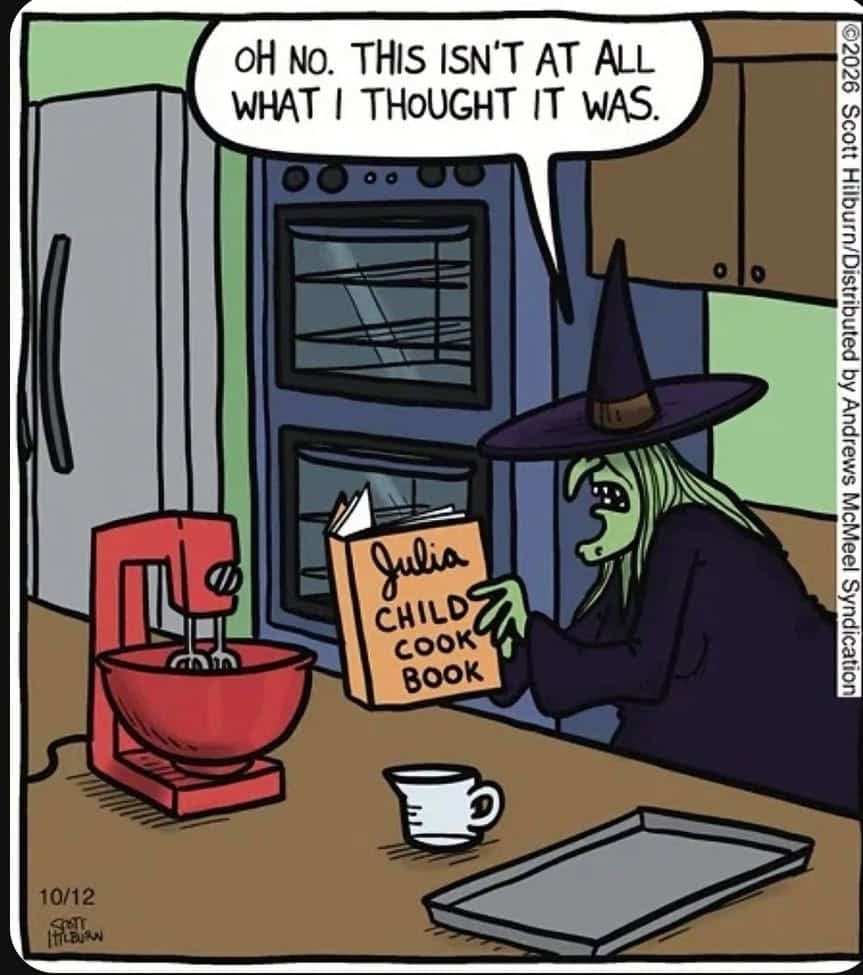 A green-skinned witch with a black hat and robe reads a Julia Child cookbook in a kitchen, saying 'Oh no. This isn't at all what I thought it was.' Kitchen appliances like an oven, mixer, cup, and baking tray are visible.