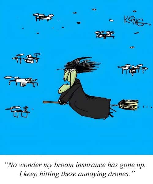 A cartoon witch flying on a broomstick with an annoyed expression surrounded by multiple drones in a blue sky.