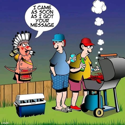 Cartoon featuring a Native American man in traditional attire talking to two men grilling food in a backyard, with one man holding a bottle and the other holding a drink can.