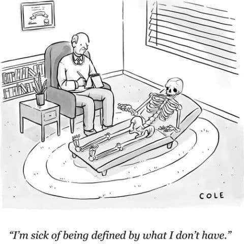 A skeleton lies on a therapist's couch speaking to a psychotherapist taking notes in an office setting.