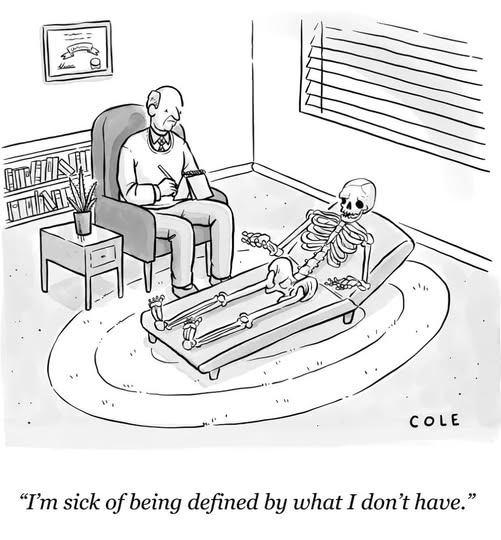 A skeleton lies on a therapist's couch speaking to a psychotherapist taking notes in an office setting.