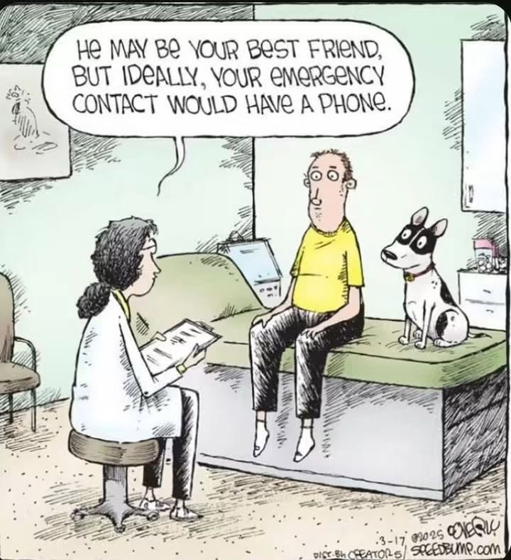 A cartoon shows a doctor talking to a man and his dog in a medical office. The doctor says, 'He may be your best friend, but ideally, your emergency contact would have a phone.'