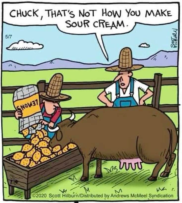Two farmers wearing corn cob hats by a cow in a pen. One farmer is dumping a bag labeled 'lemons' into the cow's feeder while the other scolds him.